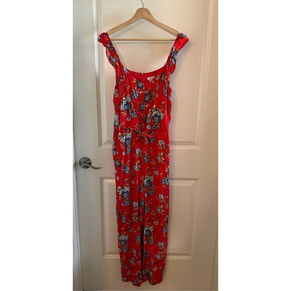 Loft Red Floral Tie Front Jumpsuit - Picture 3 of 10